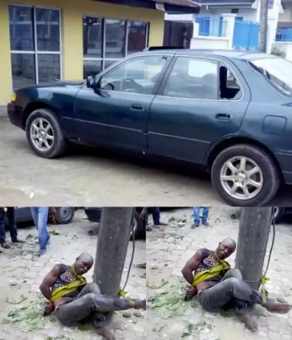 OMG!!! Notorious Thief Beaten to Pulp & Tied to Pole After a Failed Operation (See Photo)